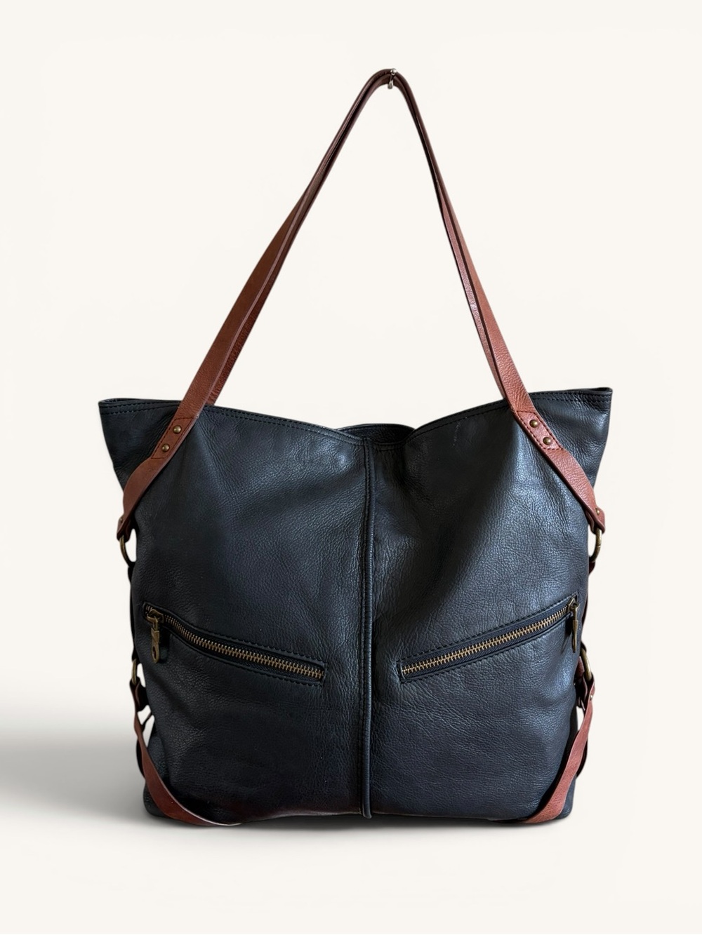 Lucky Brand Black Leather Tote with Brown Straps